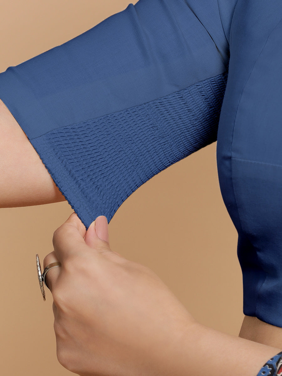 Suhana x Rozaana Saree Blouse, in Blue 100% Cotton - Solid, featuring elbow sleeves and jewel neckline (view 4).