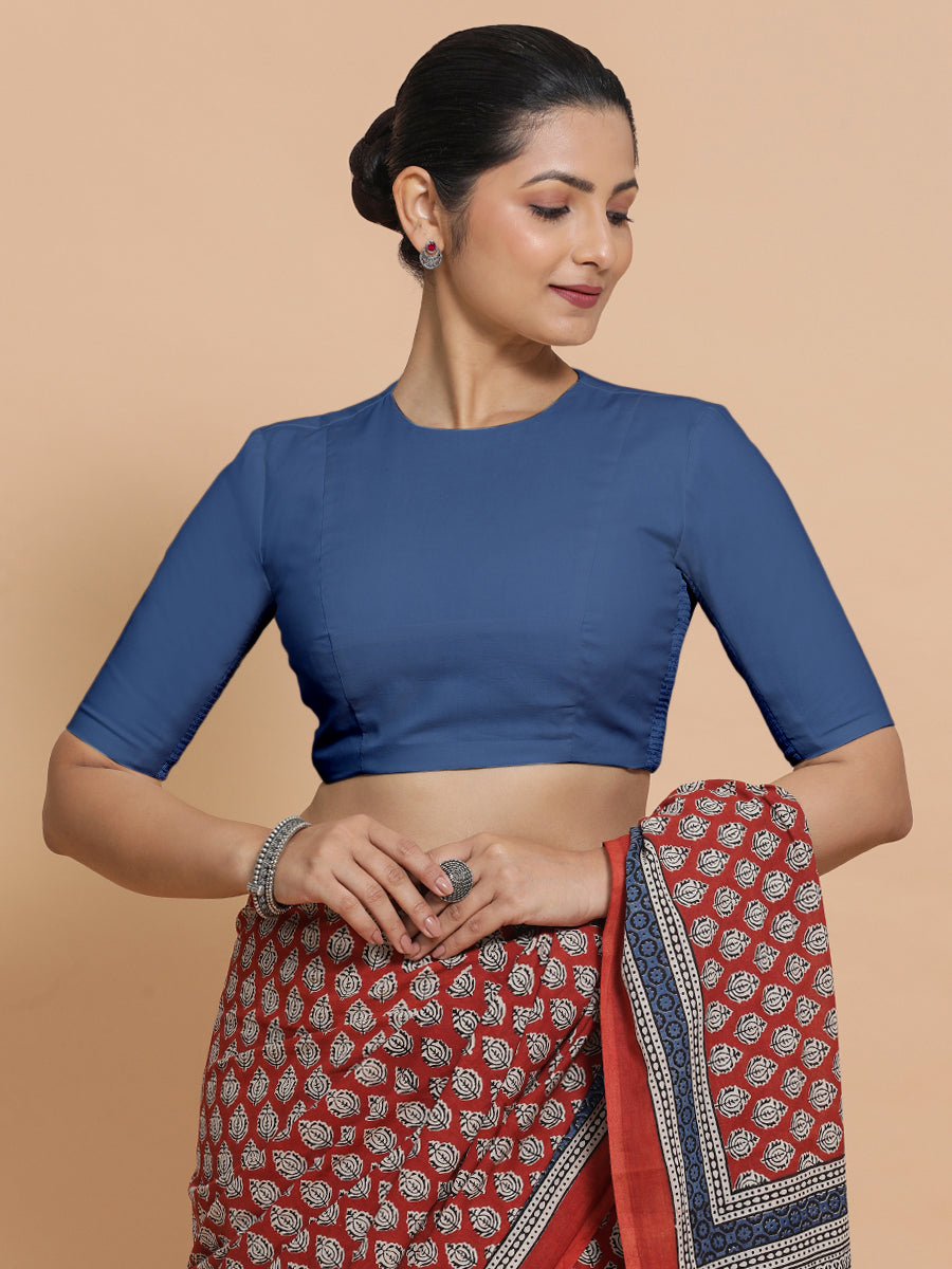 Suhana x Rozaana Saree Blouse, in Blue 100% Cotton - Solid, featuring elbow sleeves and jewel neckline (view 5).