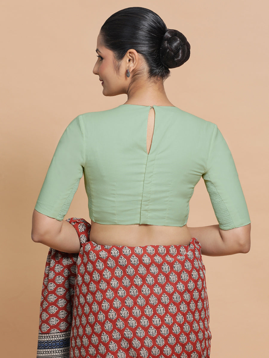 Suhana x Rozaana Saree Blouse, in Green Cotton, featuring elbow sleeves and jewel neckline, made for daily & work (view 2).