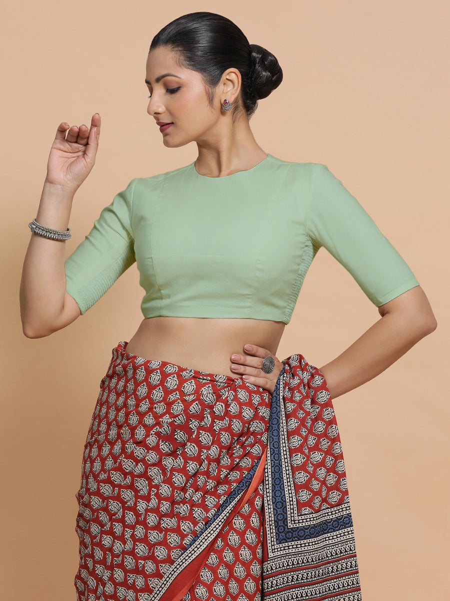 Suhana x Rozaana Saree Blouse, in Green Cotton, featuring elbow sleeves and jewel neckline, made for daily & work (view 5).