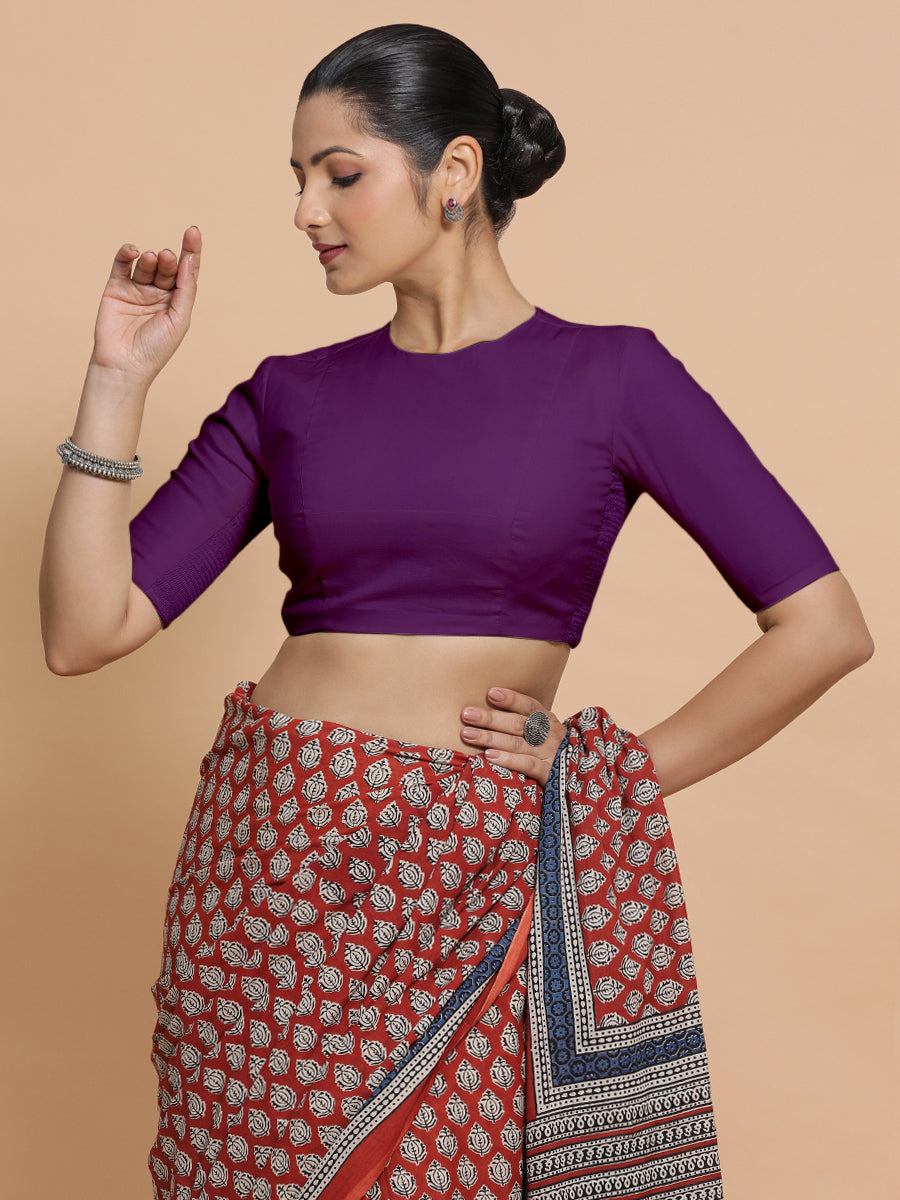 Suhana x Rozaana Saree Blouse, in Purple Cotton, featuring elbow sleeves and jewel neckline, made for daily & work.