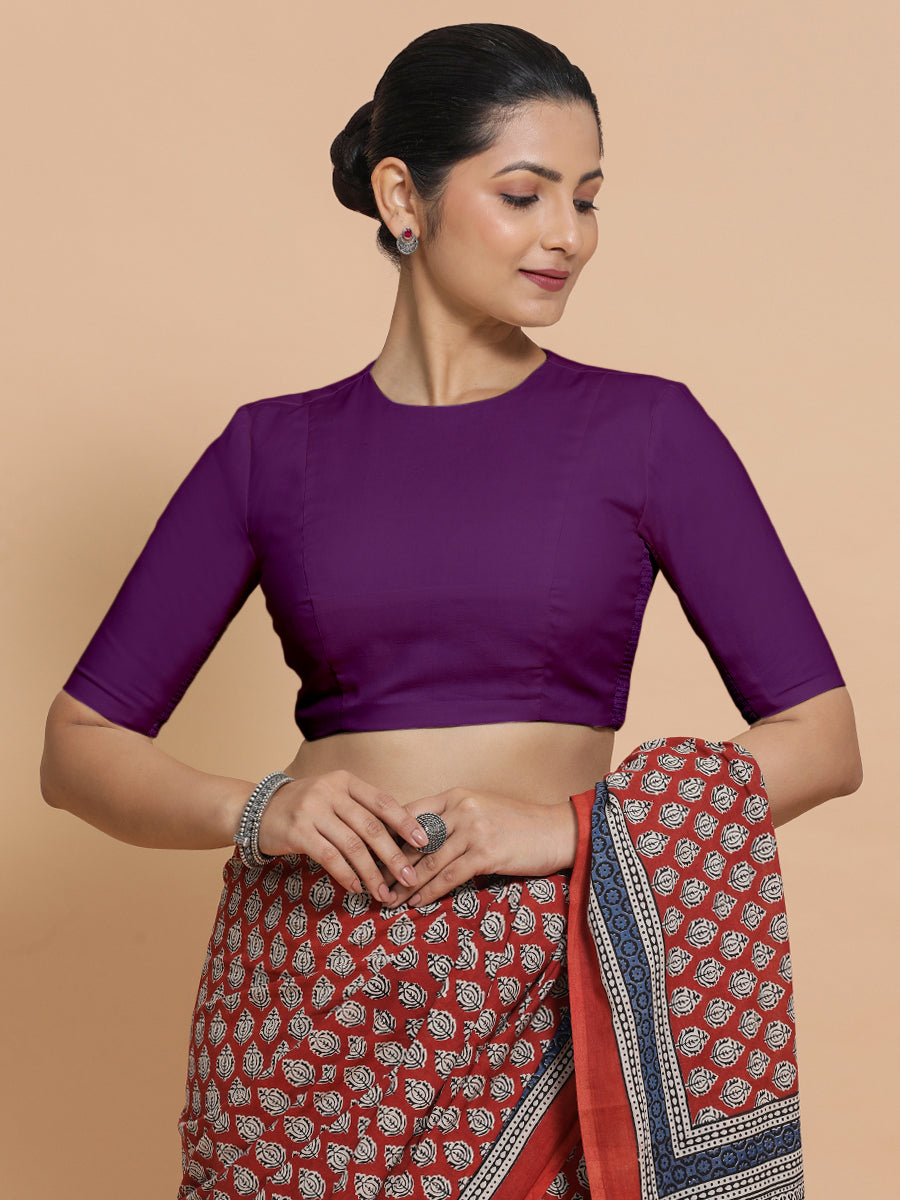 Suhana x Rozaana Saree Blouse, in Purple Cotton, featuring elbow sleeves and jewel neckline, made for daily & work (view 5).