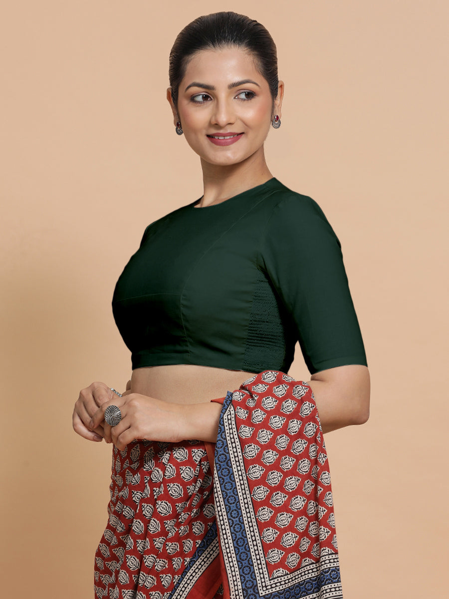 Suhana x Rozaana | Jewel Neck Moss Green Plain Cotton Saree Blouse