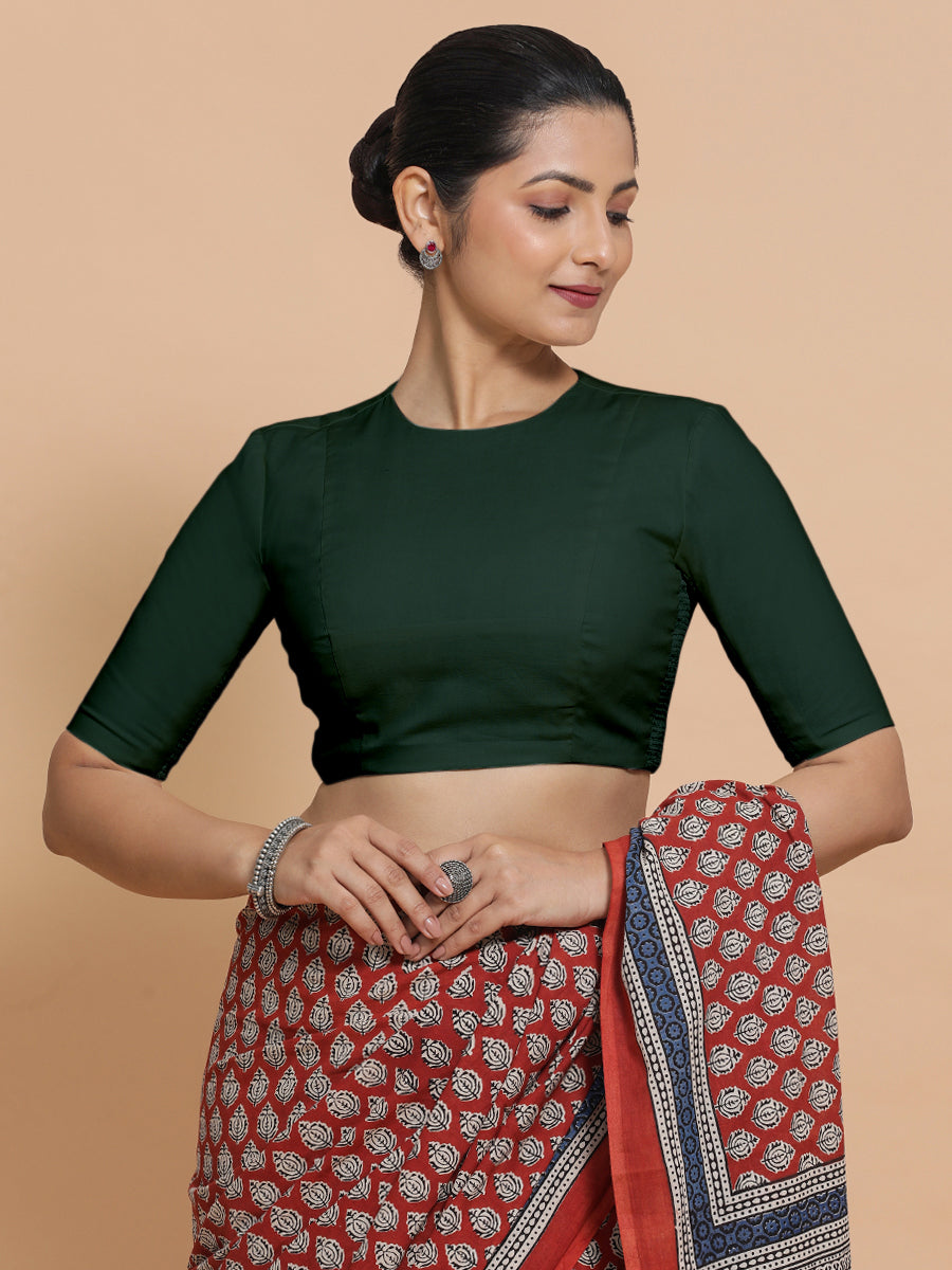 Suhana x Rozaana Saree Blouse, in Green Cotton, featuring elbow sleeves and jewel neckline, made for daily & work (view 5).
