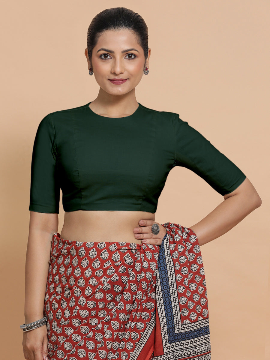 Suhana x Rozaana Saree Blouse, in Green Cotton, featuring elbow sleeves and jewel neckline, made for daily & work (view 6).