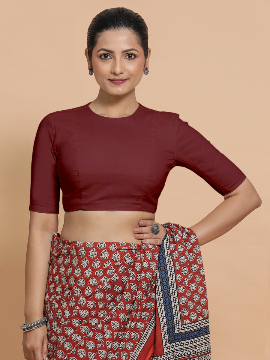 Suhana x Rozaana Saree Blouse, in Maroon Cotton, featuring elbow sleeves and jewel neckline, made for daily & work (view 5).