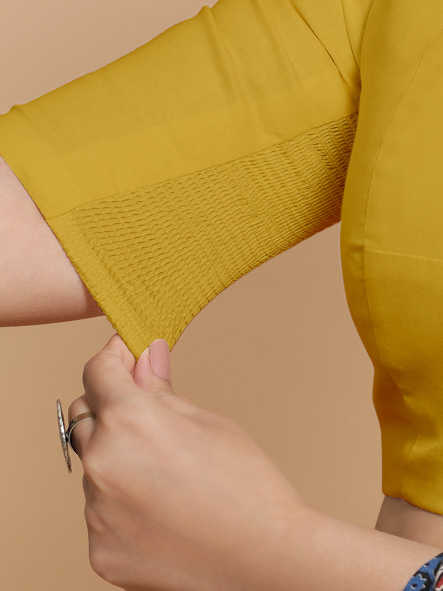 Suhana x Rozaana Saree Blouse, in Yellow Cotton, featuring elbow sleeves and jewel neckline, made for daily & work (view 4).