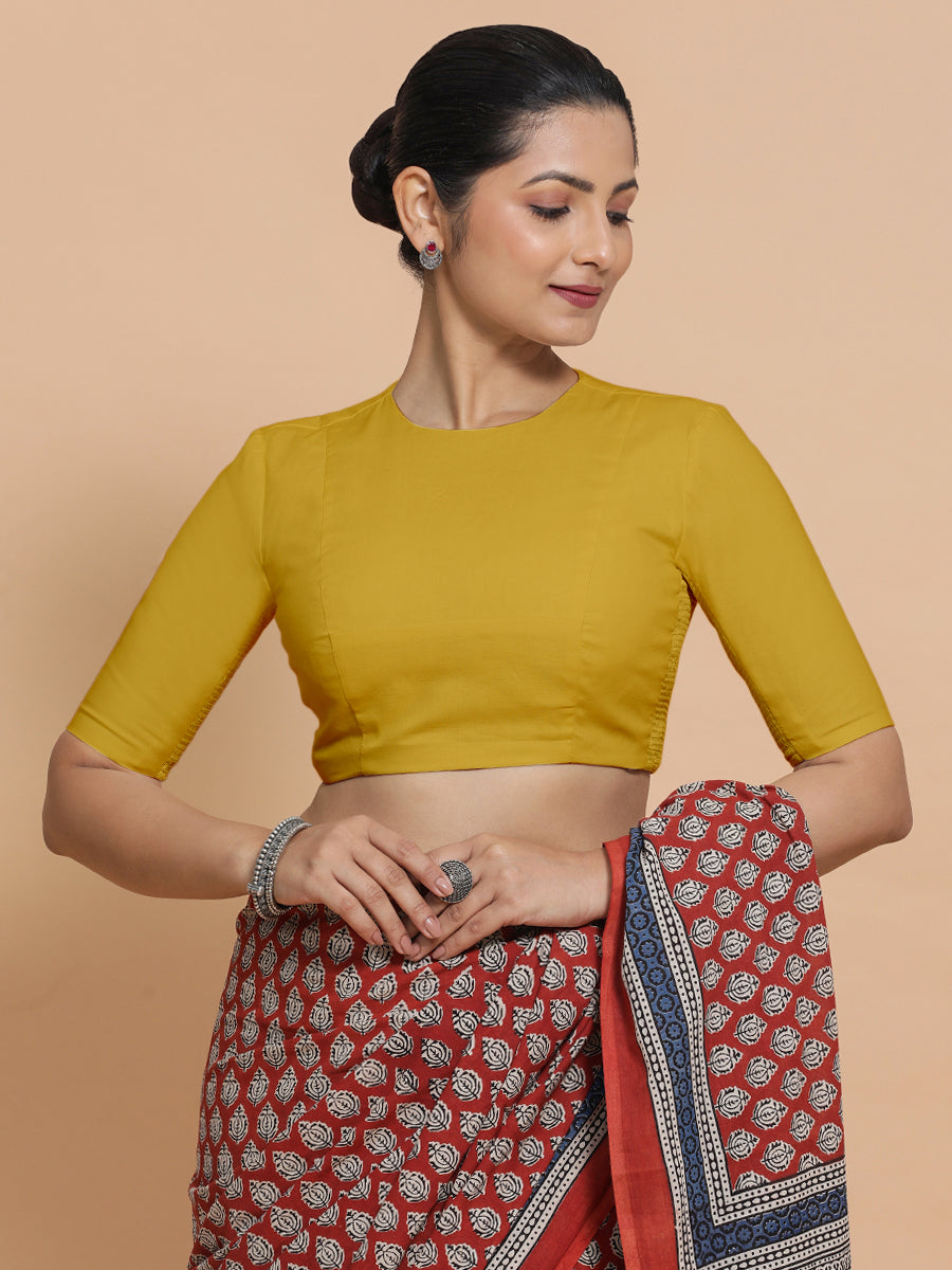 Suhana x Rozaana Saree Blouse, in Yellow Cotton, featuring elbow sleeves and jewel neckline, made for daily & work (view 5).