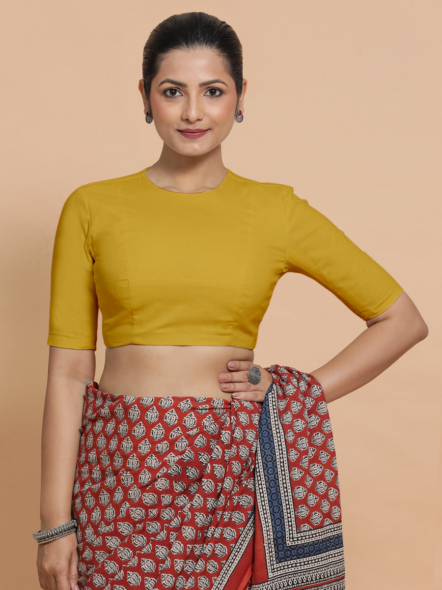Suhana x Rozaana Saree Blouse, in Yellow Cotton, featuring elbow sleeves and jewel neckline, made for daily & work (view 6).