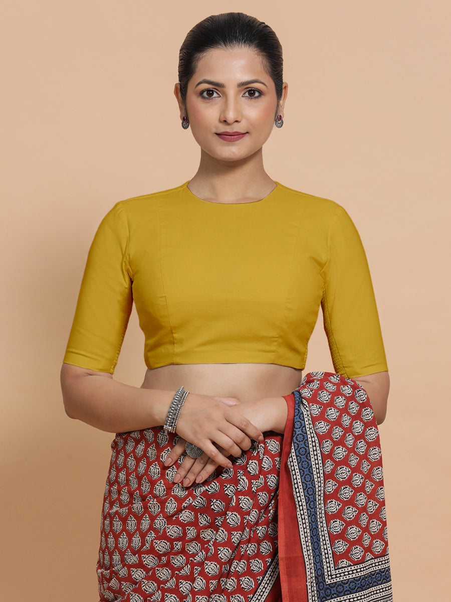 Suhana x Rozaana Saree Blouse, in Yellow Cotton, featuring elbow sleeves and jewel neckline, made for daily & work (view 7).