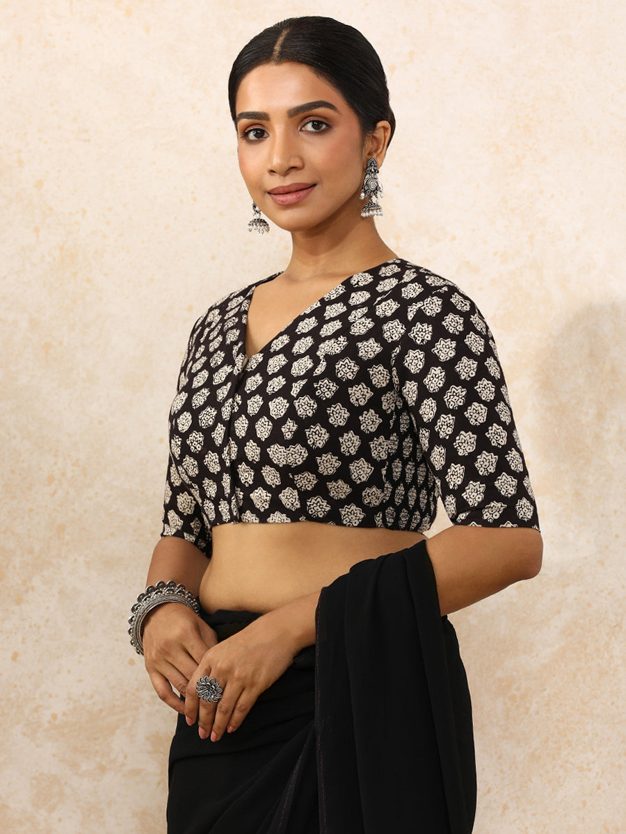 Suneeta x Rozaana | Elbow Sleeves Saree Blouse in Black Floral Block Print Cotton
