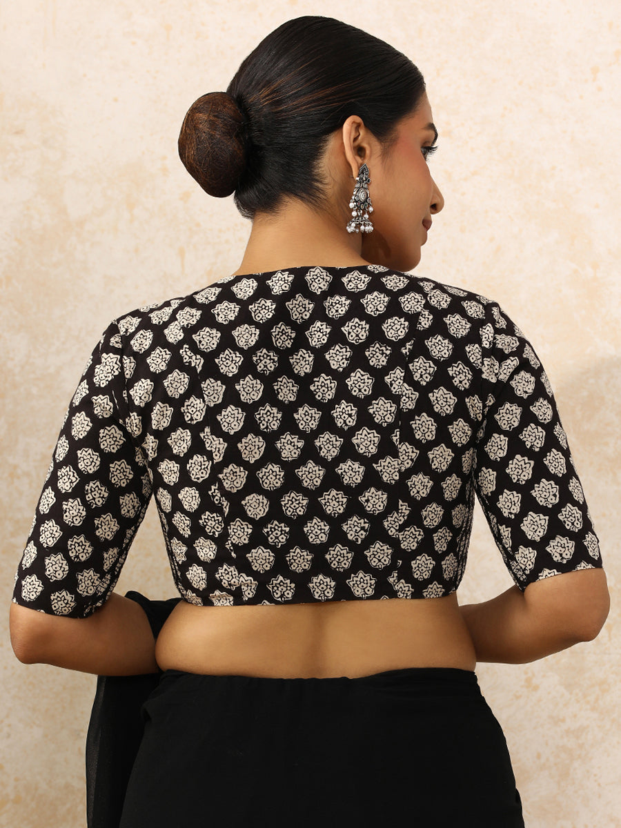 Suneeta x Rozaana Saree Blouse, in Black 100% Cotton - Block Printed, featuring elbow sleeves and v-neckline (view 2).