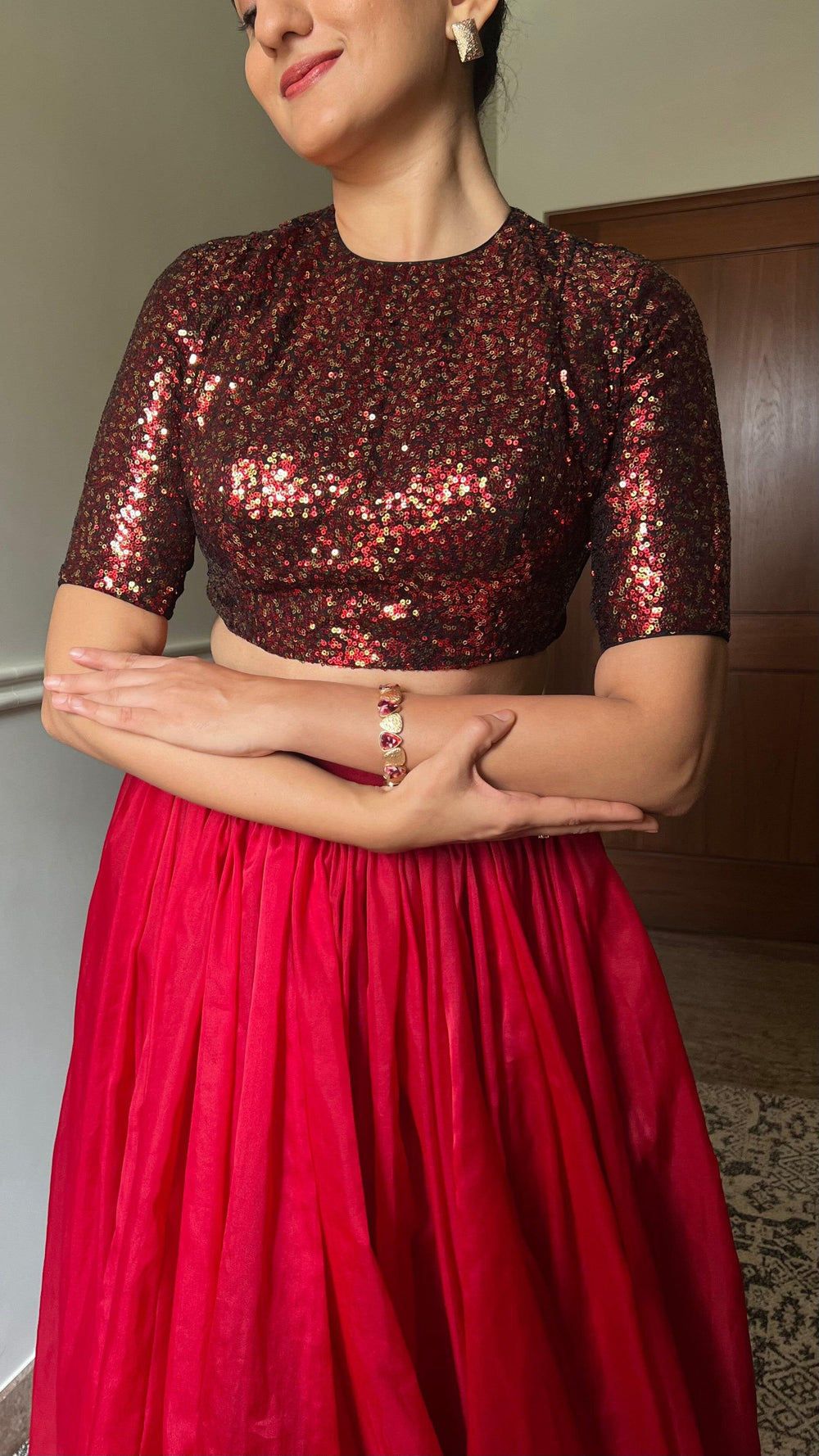 Surina x Tyohaar | Elbow Sleeves Black & Red Sequined Shimmer Saree Blouse with Jewel Neck