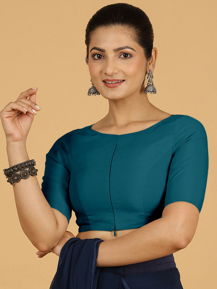 Sushma x Rozaana Saree Blouse, in Blue Viscose, featuring elbow sleeves and boat neckline, made for daily & work (view 7).