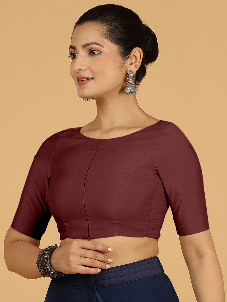 Sushma x Rozaana Saree Blouse, in Maroon Viscose, featuring elbow sleeves and boat neckline, made for daily & work.