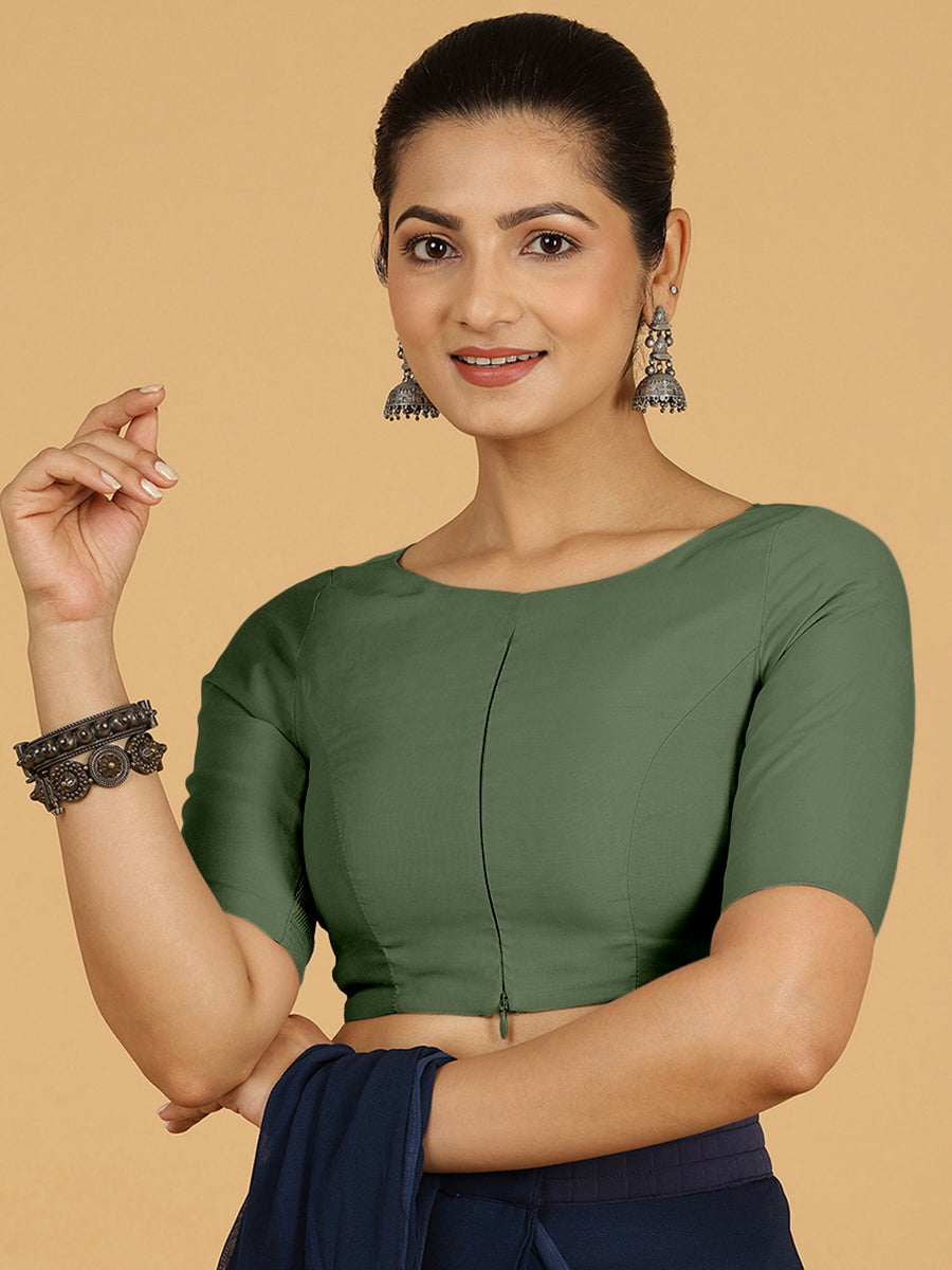 Sushma x Rozaana Saree Blouse, in Green Viscose, featuring elbow sleeves and boat neckline, made for daily & work.