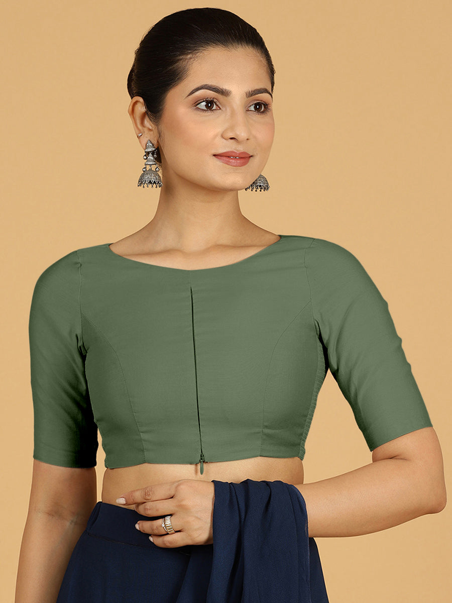 Sushma x Rozaana Saree Blouse, in Green Viscose, featuring elbow sleeves and boat neckline, made for daily & work (view 7).