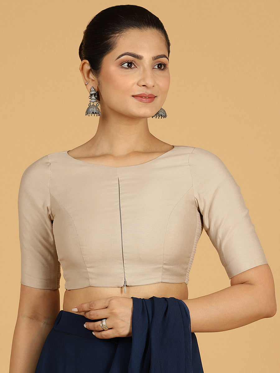 Sushma x Rozaana Saree Blouse, in Grey Viscose, featuring elbow sleeves and boat neckline, made for daily & work.