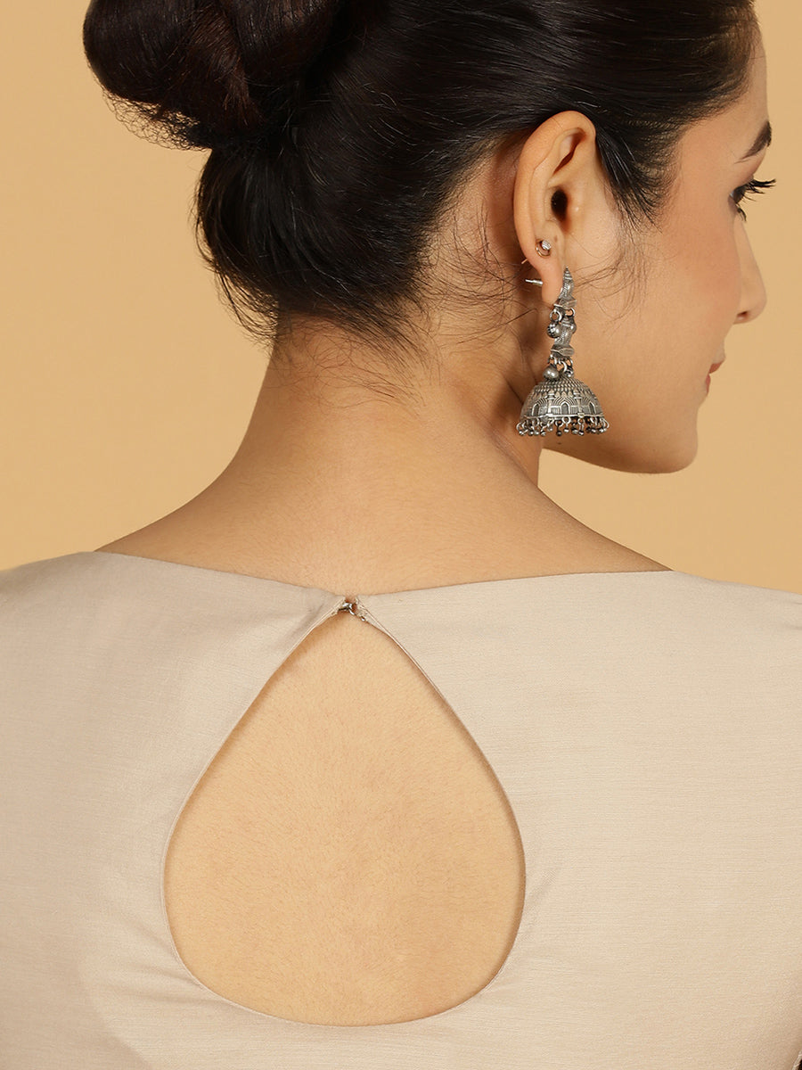 Sushma x Rozaana Saree Blouse, in Grey Viscose, featuring elbow sleeves and boat neckline, made for daily & work (view 2).