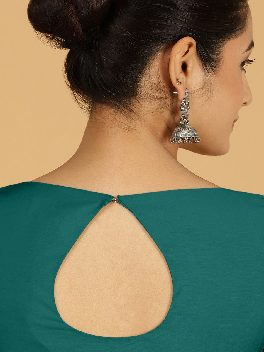 Sushma x Rozaana Saree Blouse, in Green Viscose, featuring elbow sleeves and boat neckline, made for daily & work (view 2).