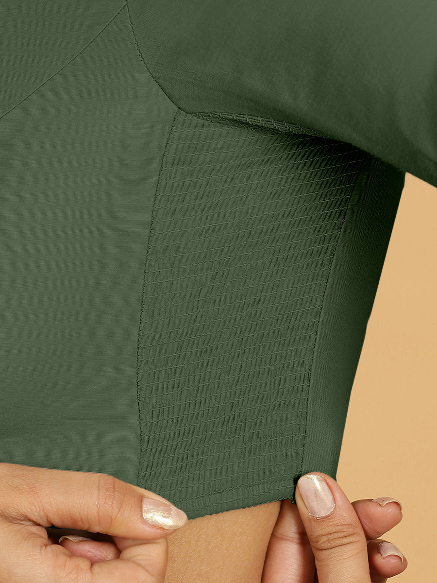 Sushma x Rozaana Saree Blouse, in Green Viscose, featuring elbow sleeves and boat neckline, made for daily & work (view 3).