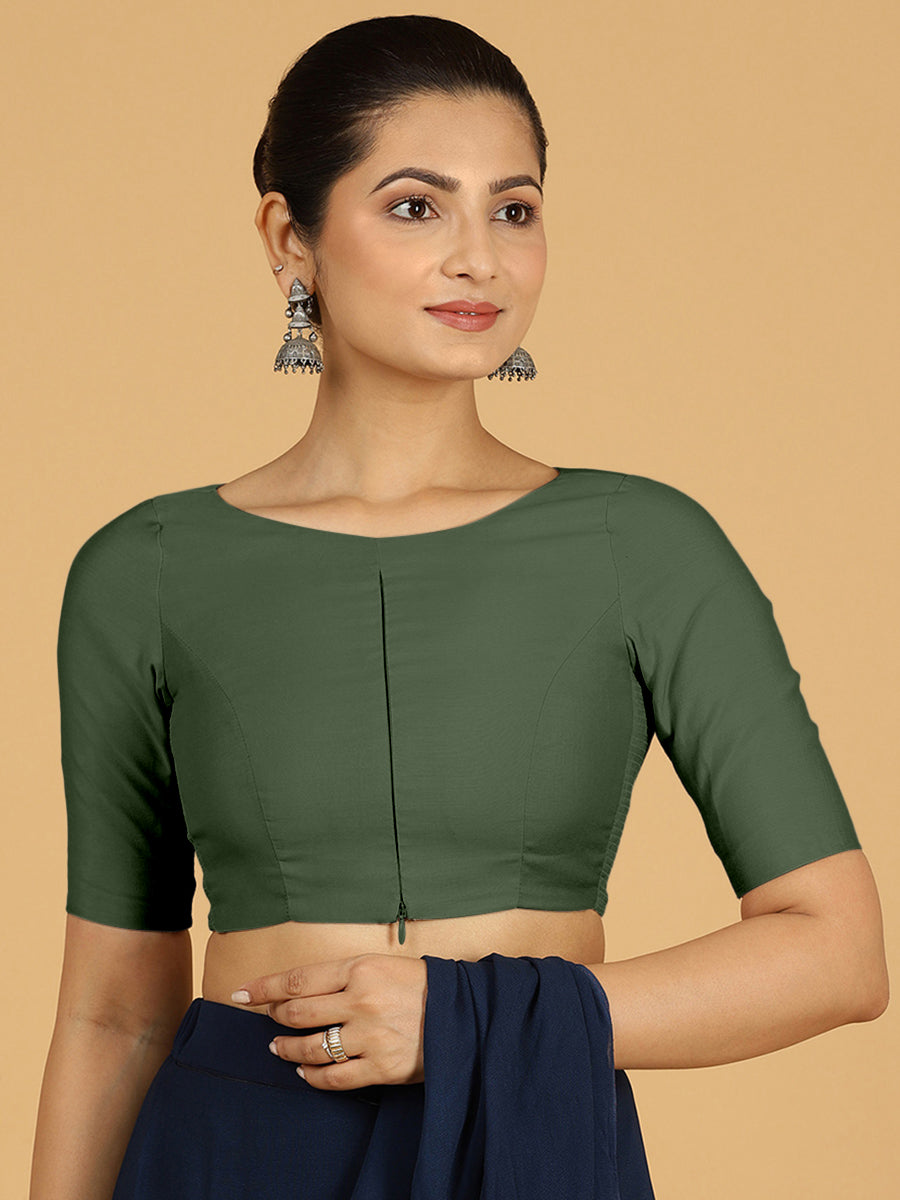 Sushma x Rozaana Saree Blouse, in Green Viscose, featuring elbow sleeves and boat neckline, made for daily & work (view 7).