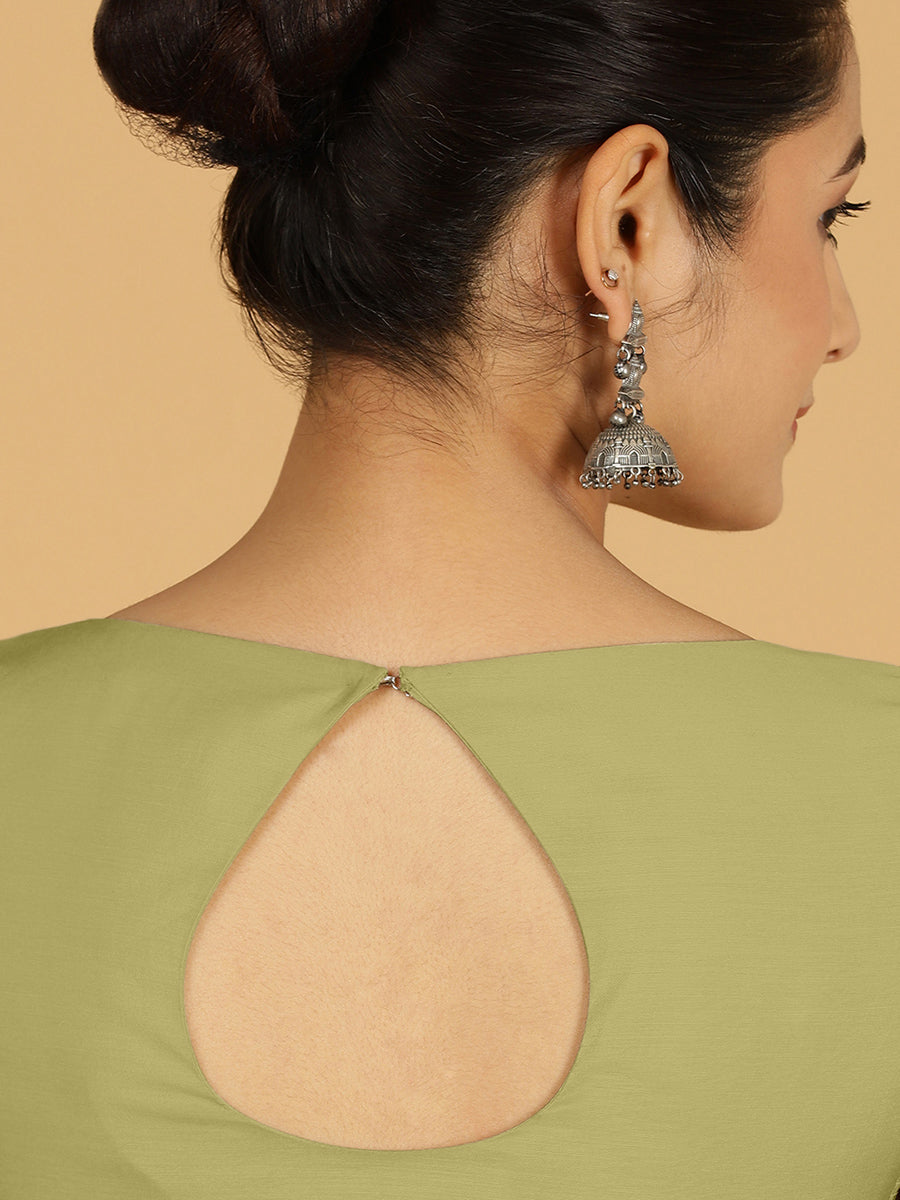 Sushma x Rozaana Saree Blouse, in Green Viscose, featuring elbow sleeves and boat neckline, made for daily & work (view 2).