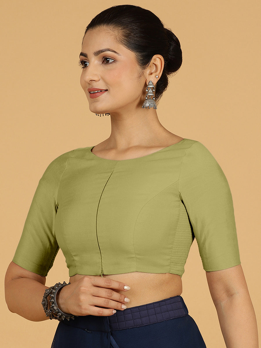 Sushma x Rozaana Saree Blouse, in Green Viscose, featuring elbow sleeves and boat neckline, made for daily & work (view 6).