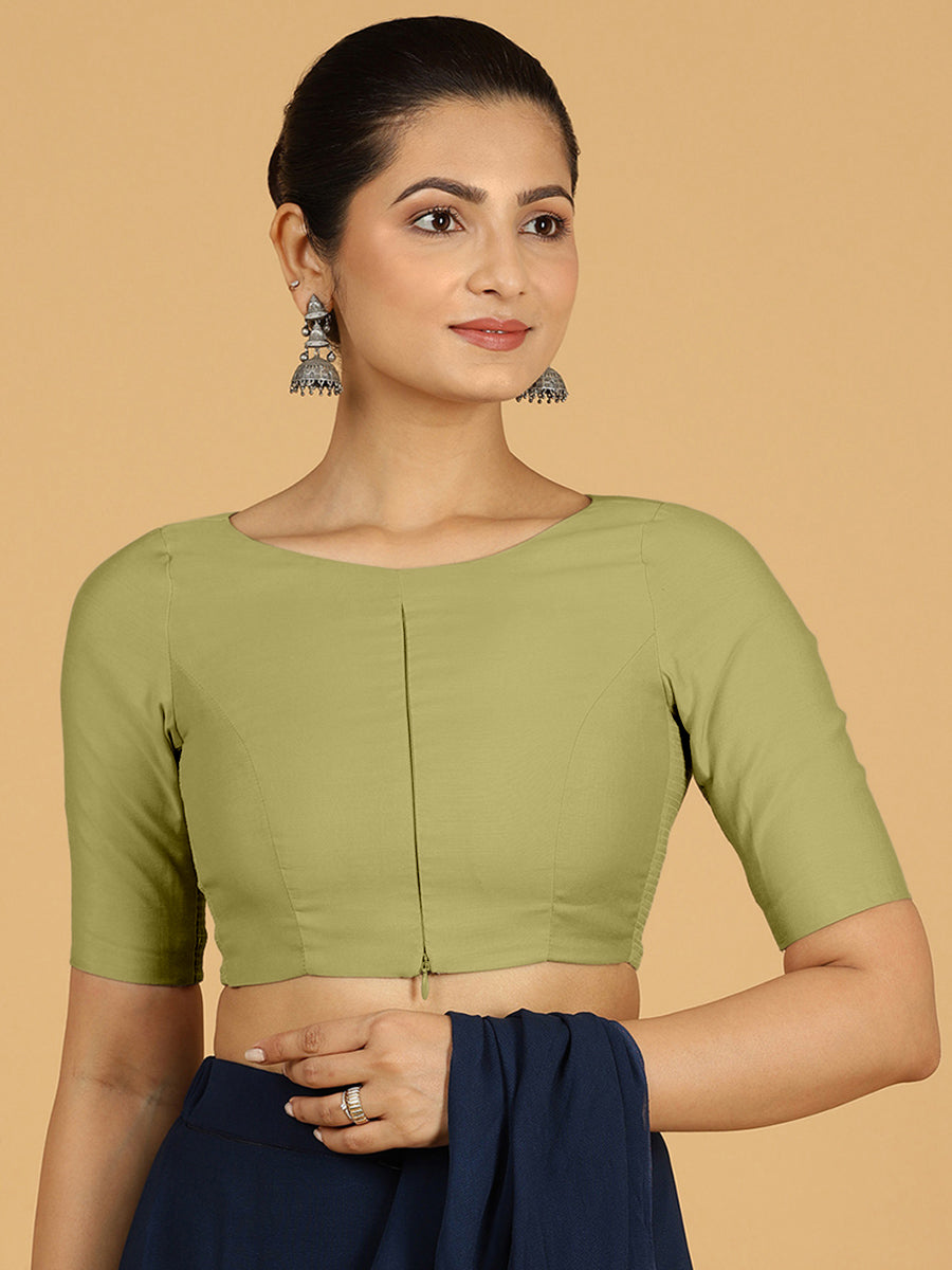Sushma x Rozaana Saree Blouse, in Green Viscose, featuring elbow sleeves and boat neckline, made for daily & work (view 7).
