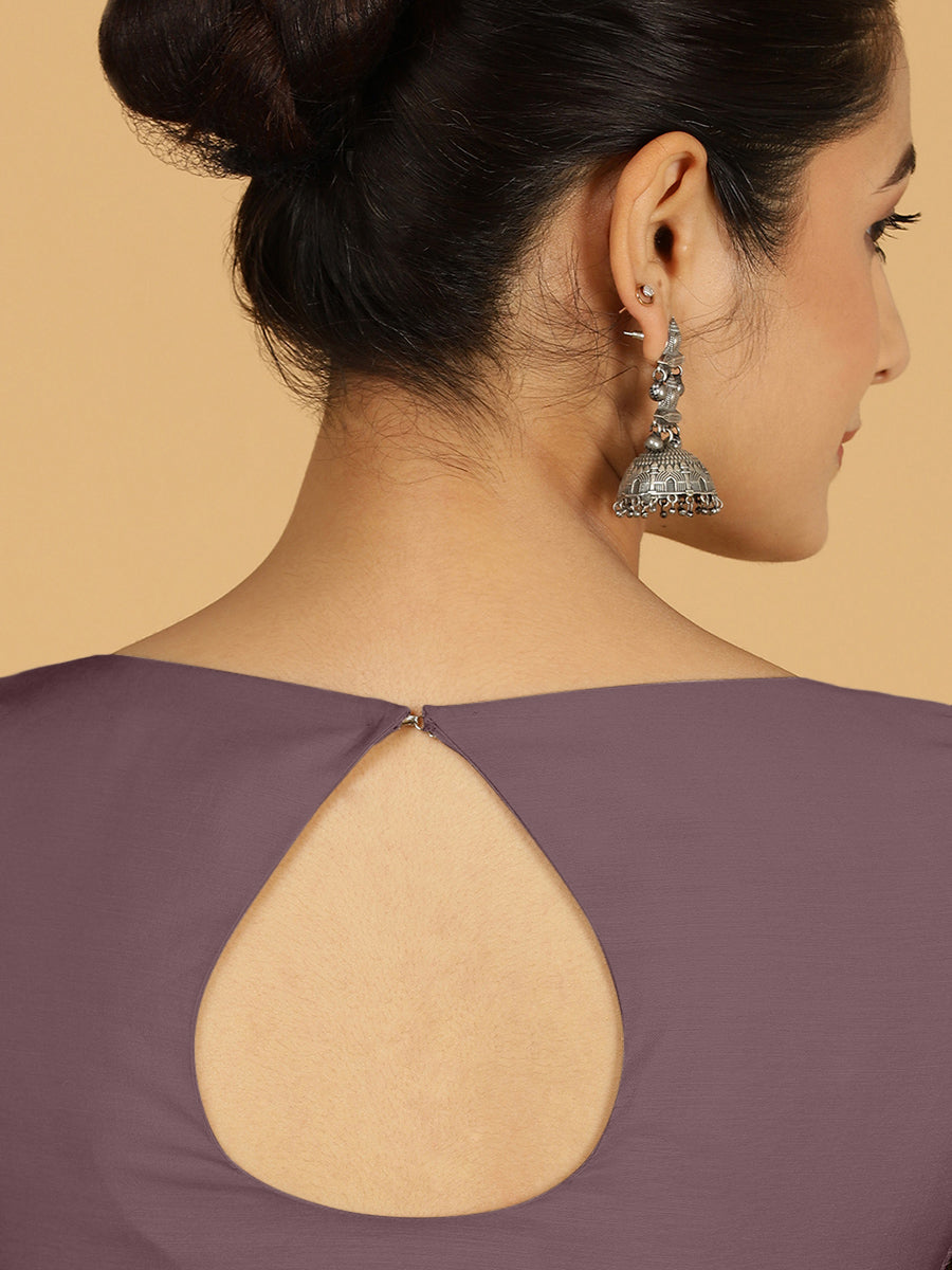 Sushma x Rozaana Saree Blouse, in Purple Viscose, featuring elbow sleeves and boat neckline, made for daily & work (view 2).