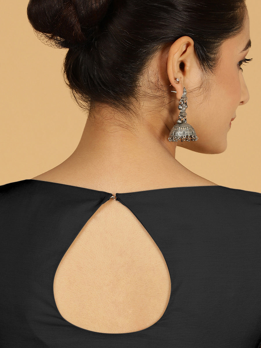 Sushma x Rozaana Saree Blouse, in Black Viscose, featuring elbow sleeves and boat neckline, made for daily & work (view 2).