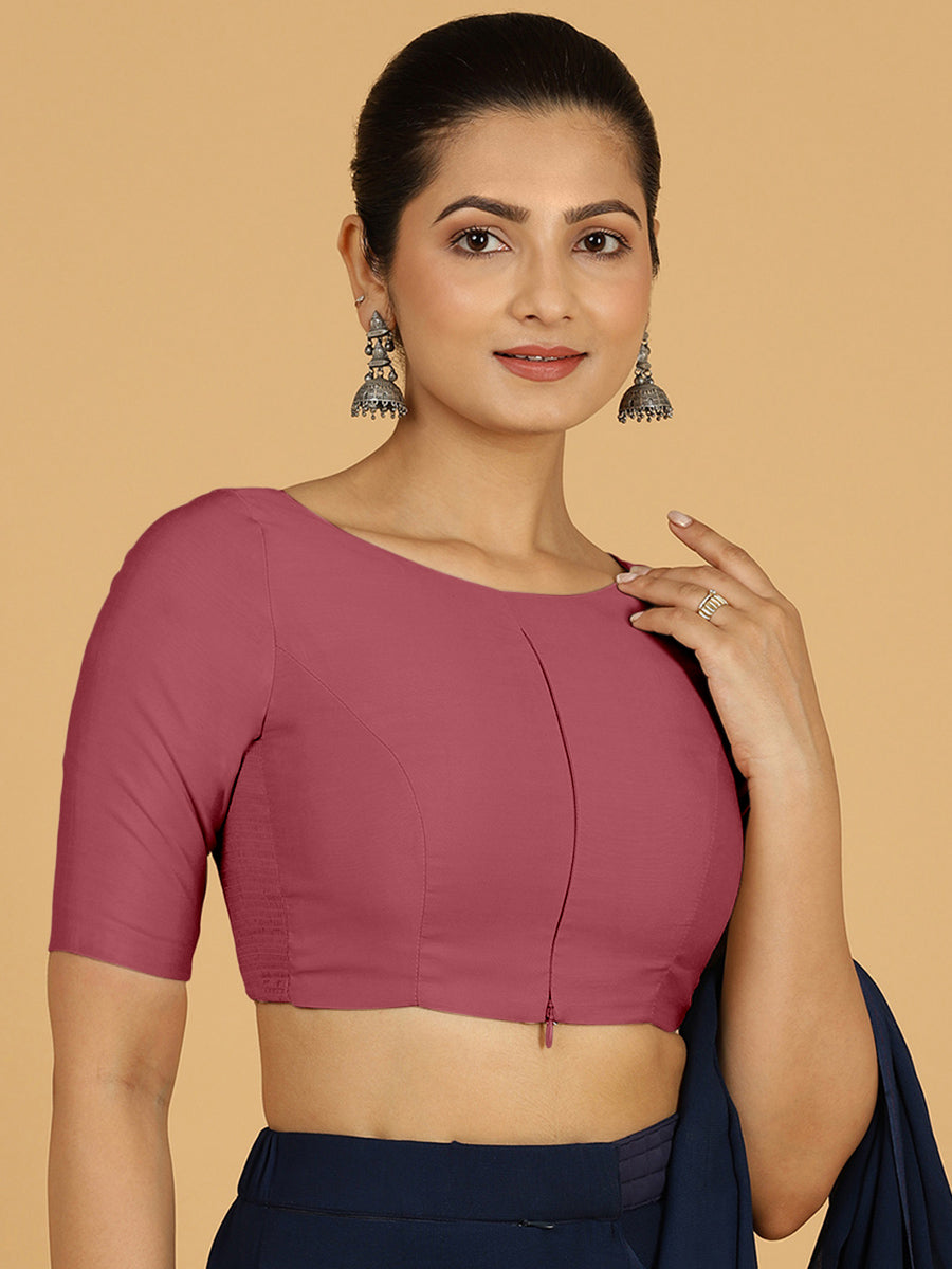 Sushma x Rozaana Saree Blouse, in Pink Viscose, featuring elbow sleeves and boat neckline, made for daily & work.