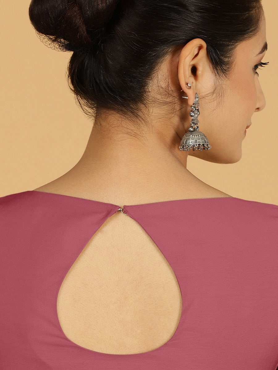 Sushma x Rozaana Saree Blouse, in Pink Viscose, featuring elbow sleeves and boat neckline, made for daily & work (view 2).