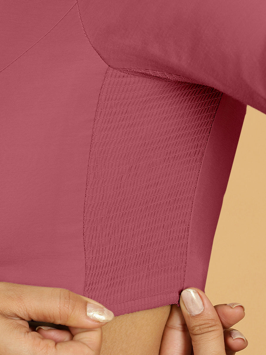 Sushma x Rozaana Saree Blouse, in Pink Viscose, featuring elbow sleeves and boat neckline, made for daily & work (view 3).