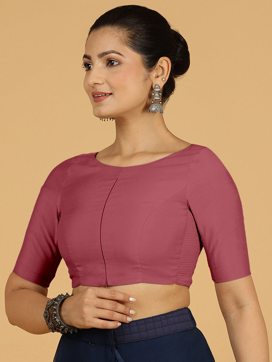 Sushma x Rozaana Saree Blouse, in Pink Viscose, featuring elbow sleeves and boat neckline, made for daily & work (view 6).