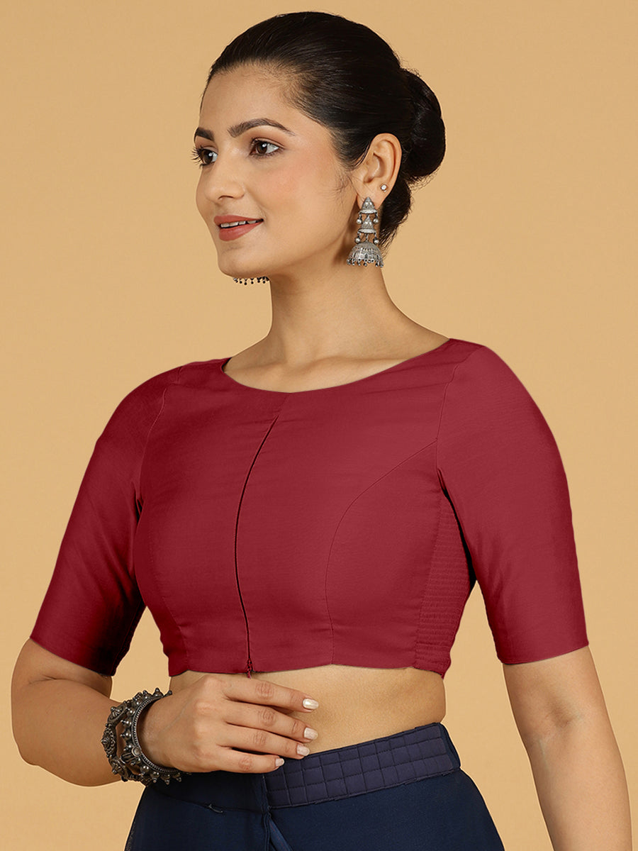 Sushma x Rozaana Saree Blouse, in Red Viscose, featuring elbow sleeves and boat neckline, made for daily & work (view 6).