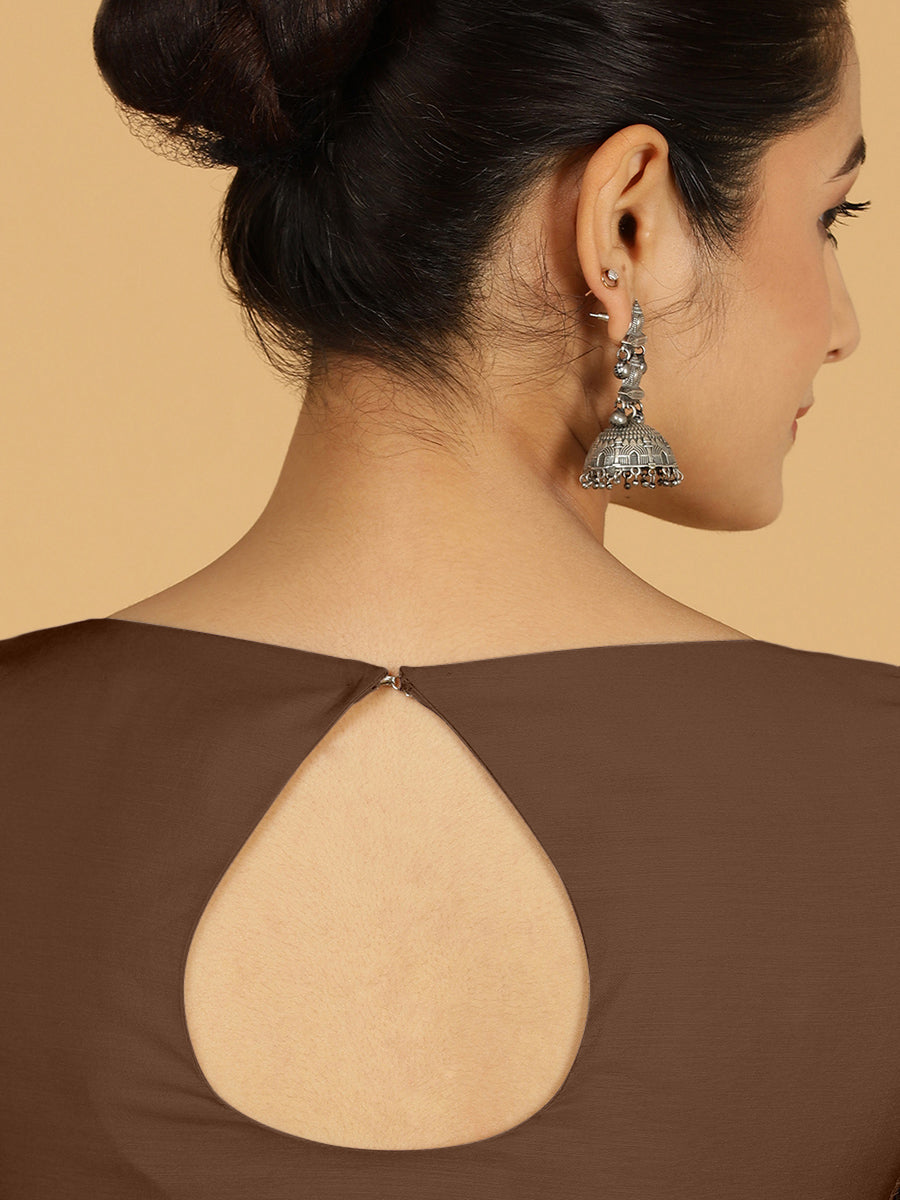 Sushma x Rozaana Saree Blouse, in Brown Viscose, featuring elbow sleeves and boat neckline, made for daily & work (view 2).