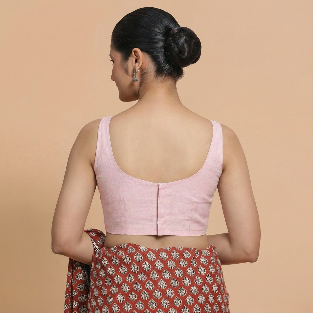 Sushmita x Rozaana Saree Blouse, in Pink Chandheri, featuring sleeveless and round neckline, made for party & festive (view 2).