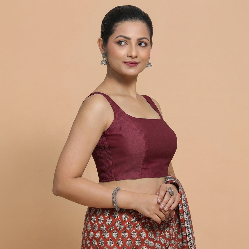 Sushmita x Rozaana | Sleeveless Burgundy Chanderi Saree Blouse