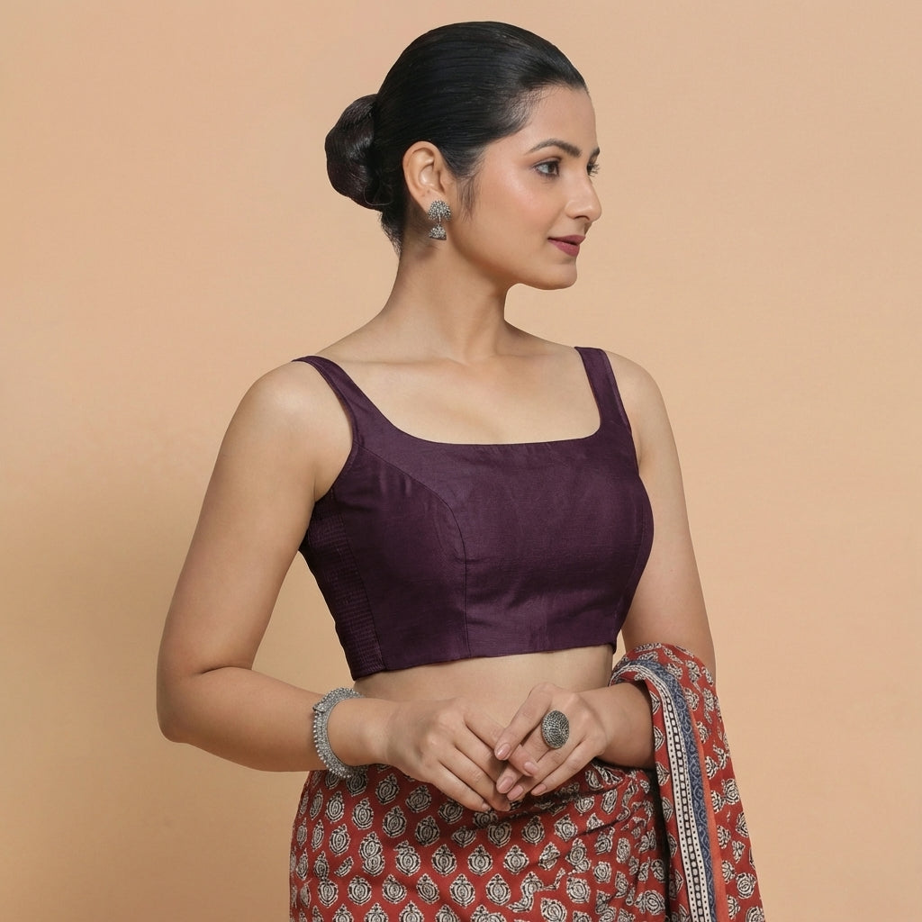 Sushmita x Rozaana Saree Blouse, in Purple Chandheri, featuring sleeveless and round neckline, made for party & festive.