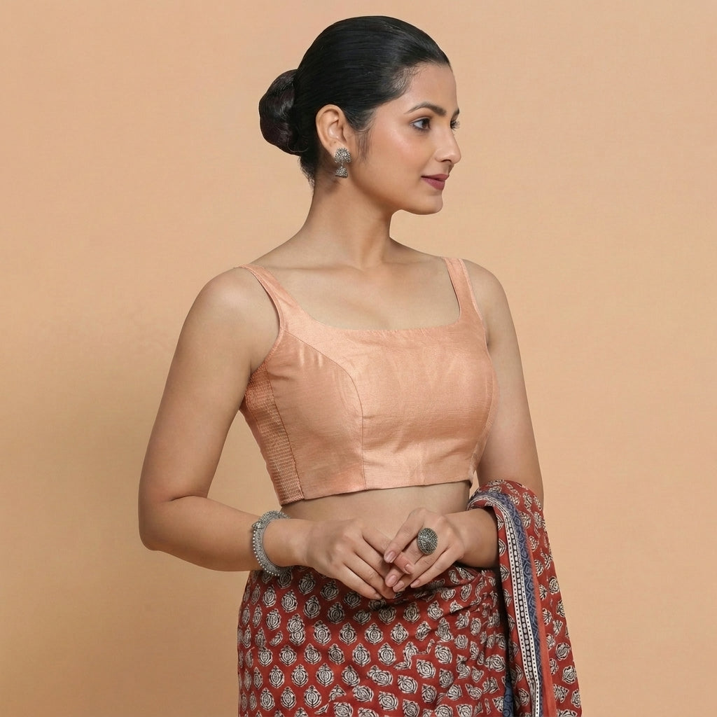 Sushmita x Rozaana Saree Blouse, in Peach Chandheri, featuring sleeveless and round neckline, made for party & festive.