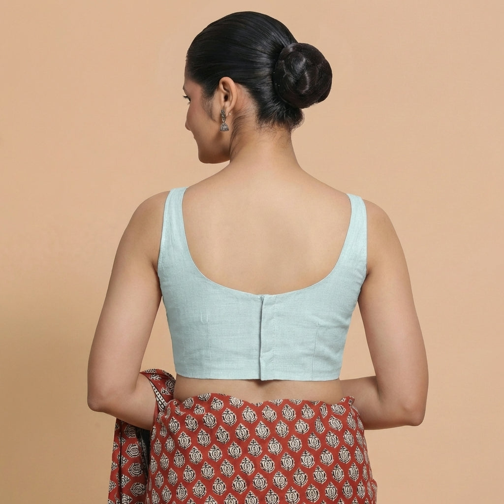 Sushmita x Rozaana Saree Blouse, in Blue Chandheri, featuring sleeveless and round neckline, made for party & festive (view 2).
