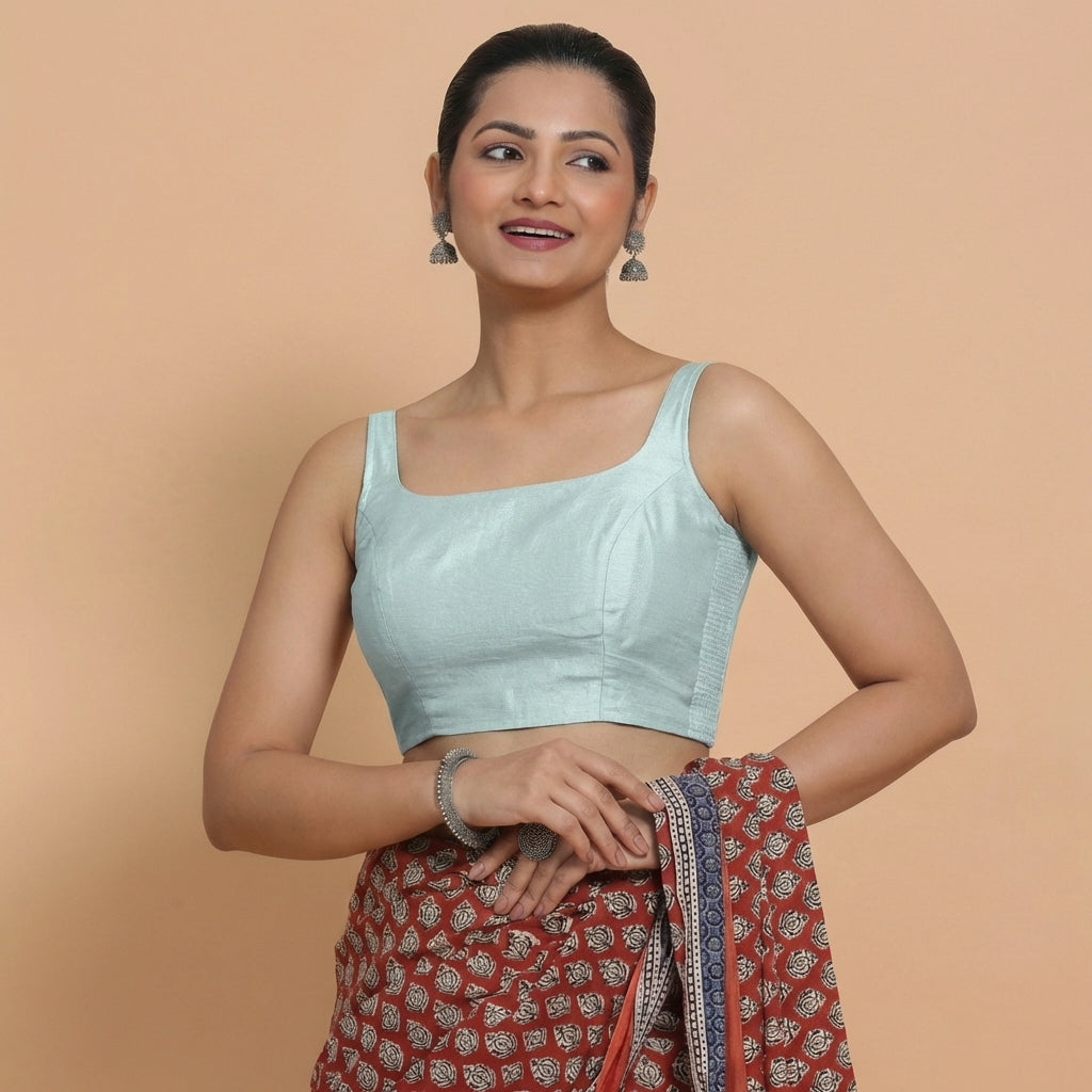 Sushmita x Rozaana Saree Blouse, in Blue Chandheri, featuring sleeveless and round neckline, made for party & festive (view 4).