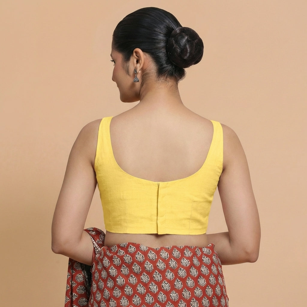 Sushmita x Rozaana Saree Blouse, in Yellow Chandheri, featuring sleeveless and round neckline, made for party & festive.