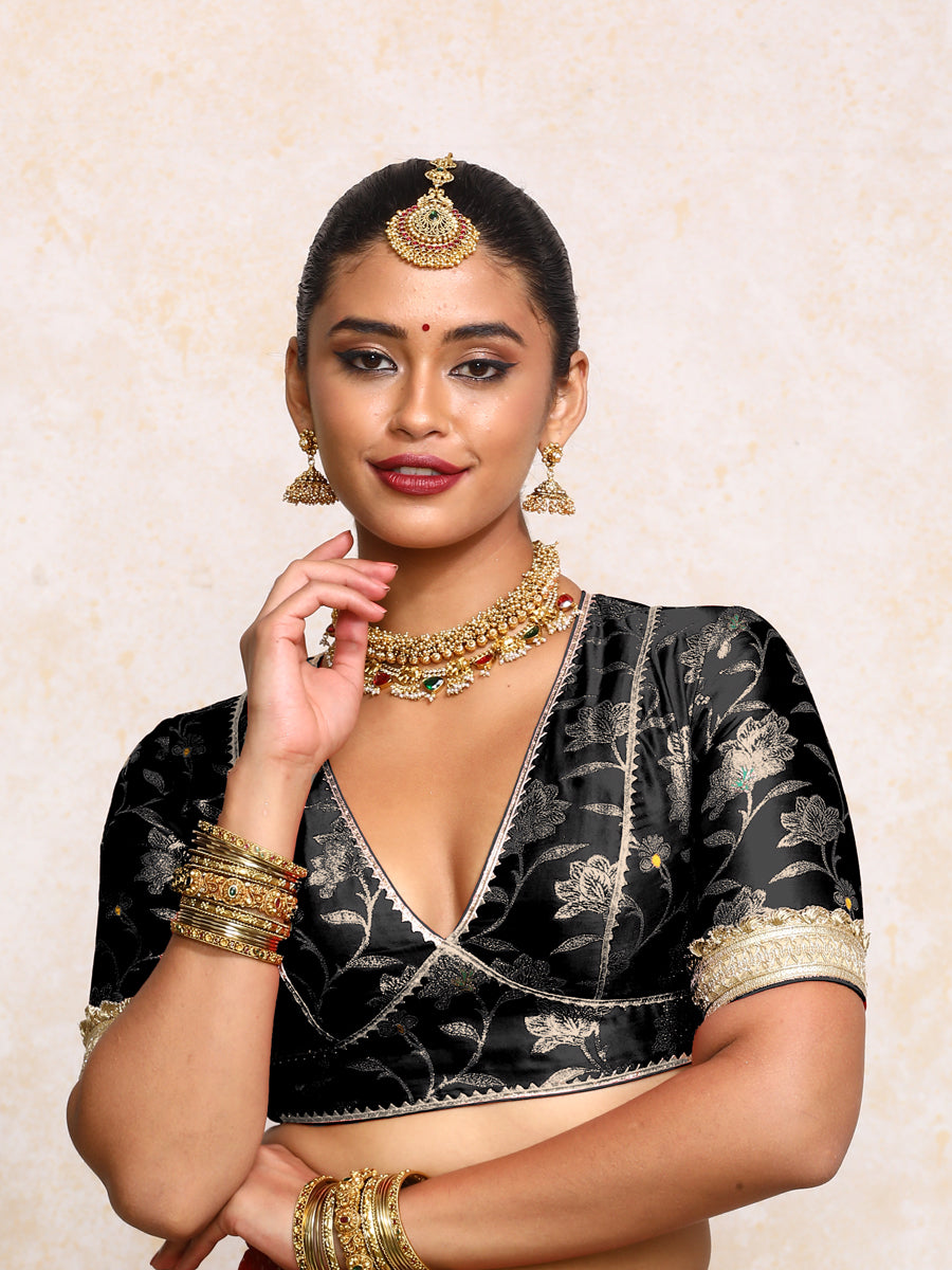 Taahira x Tyohaar Saree Blouse, in Black Meenakari Satin Viscose, featuring elbow sleeves and v-neckline.