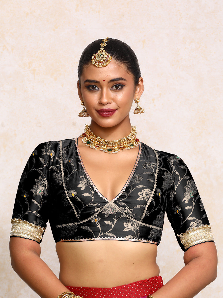 Taahira x Tyohaar Saree Blouse, in Black Meenakari Satin Viscose, featuring elbow sleeves and v-neckline (view 5).