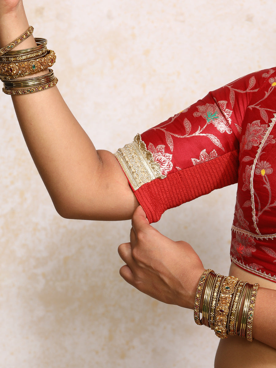 Taahira x Tyohaar Saree Blouse, in Red Meenakari Satin Viscose, featuring elbow sleeves and v-neckline (view 4).