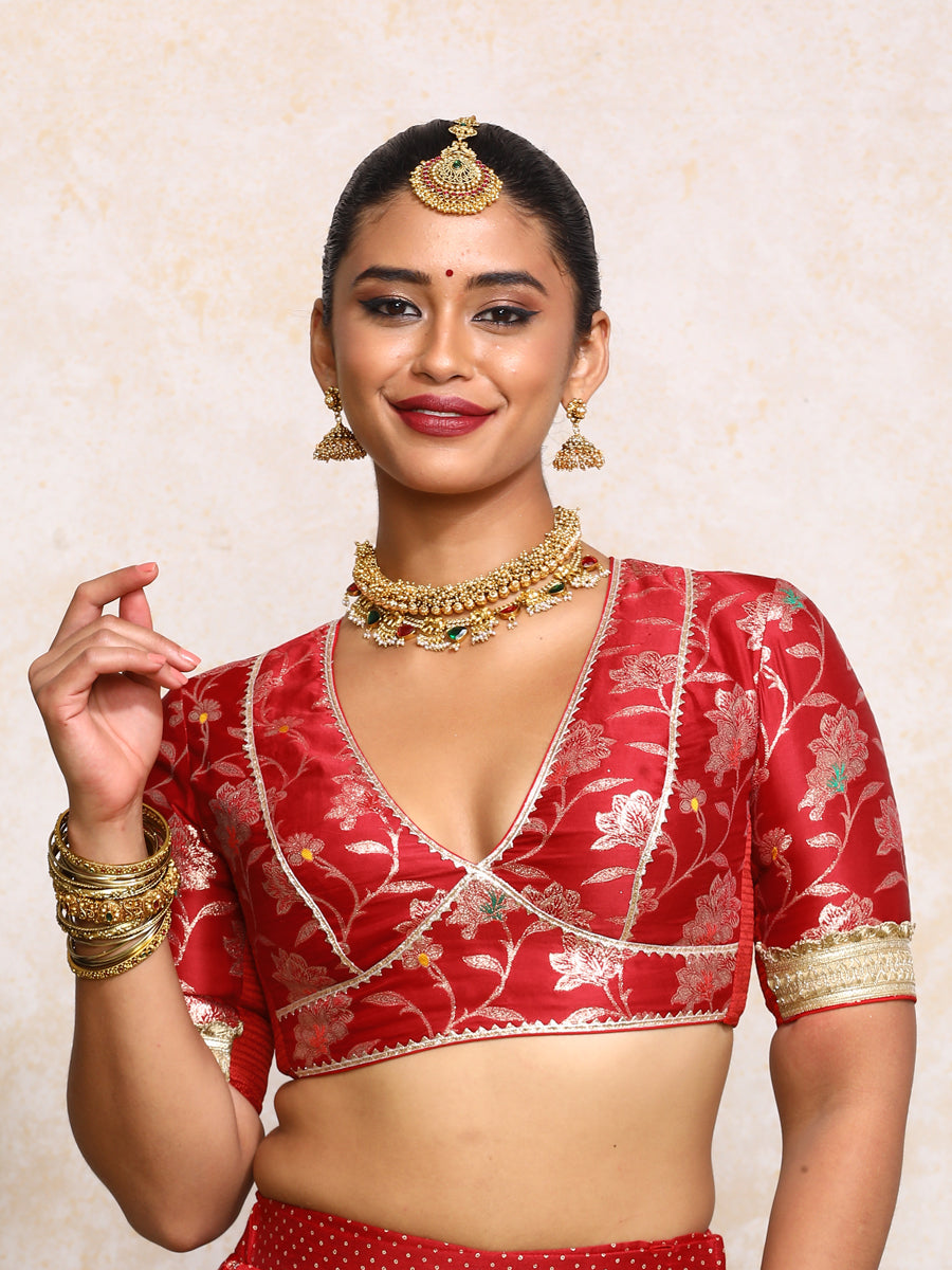 Taahira x Tyohaar Saree Blouse, in Red Meenakari Satin Viscose, featuring elbow sleeves and v-neckline (view 5).