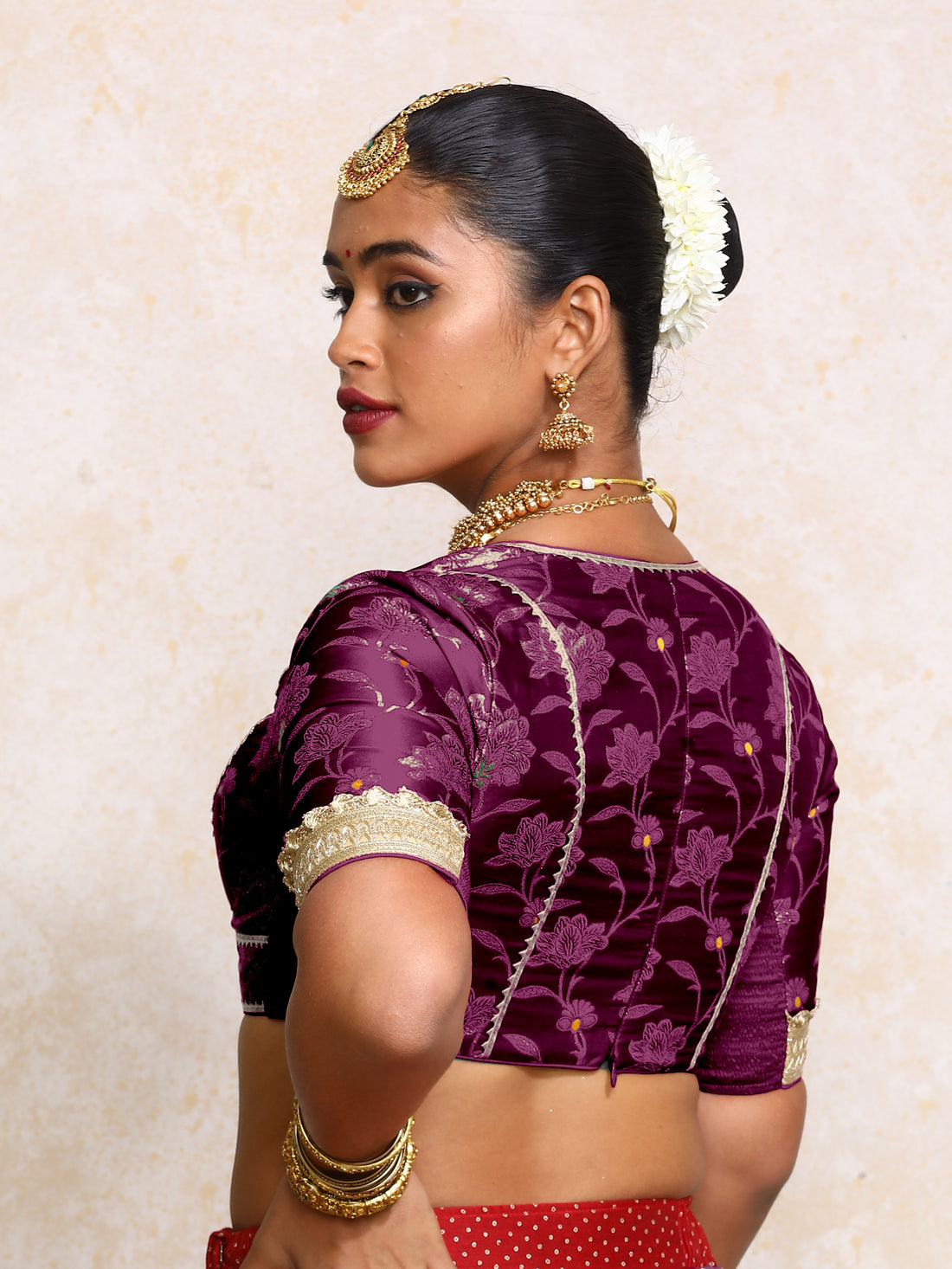 Taahira x Tyohaar Saree Blouse, in Purple Meenakari Satin Viscose, featuring elbow sleeves and v-neckline (view 2).