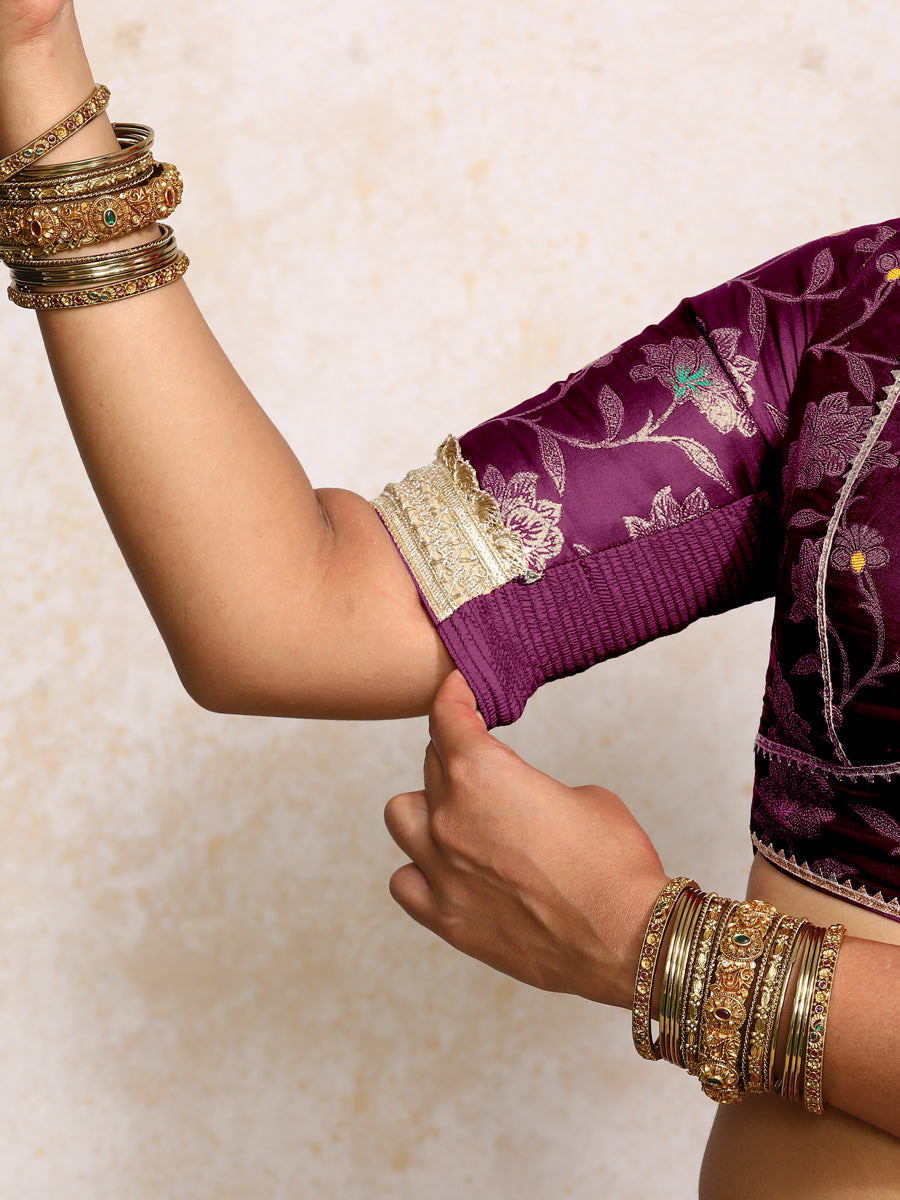 Taahira x Tyohaar Saree Blouse, in Purple Meenakari Satin Viscose, featuring elbow sleeves and v-neckline (view 4).